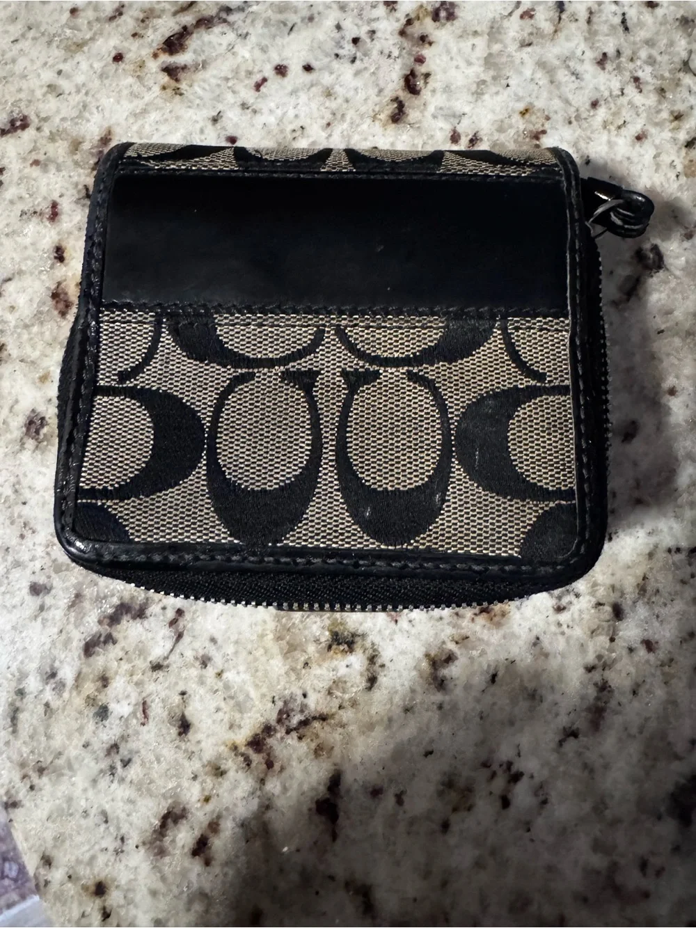 Coach Black and Beige Signature Coin Wallet